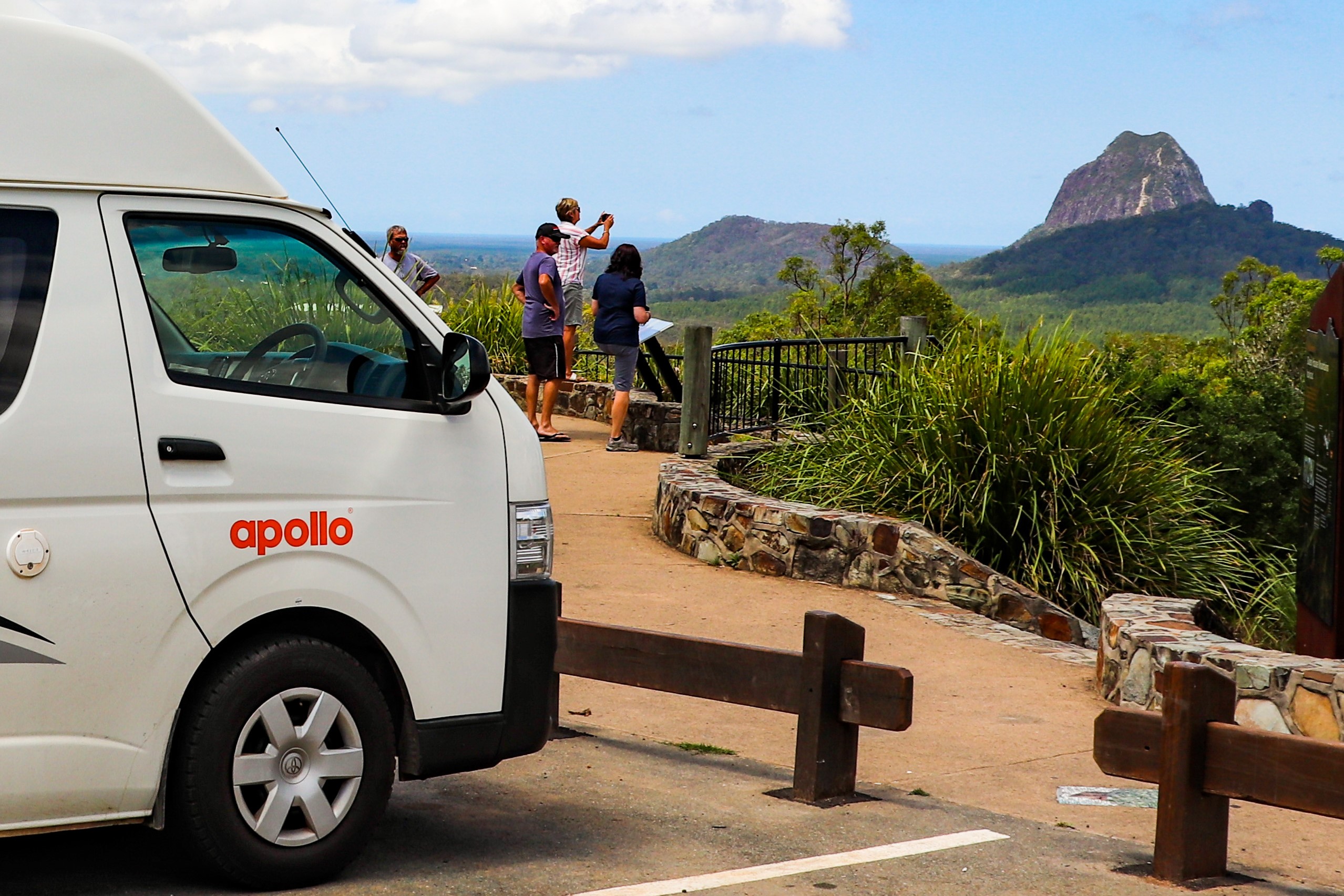 Apollo campervan parked at Glass House Mountains viewpoint Sunshine Coast